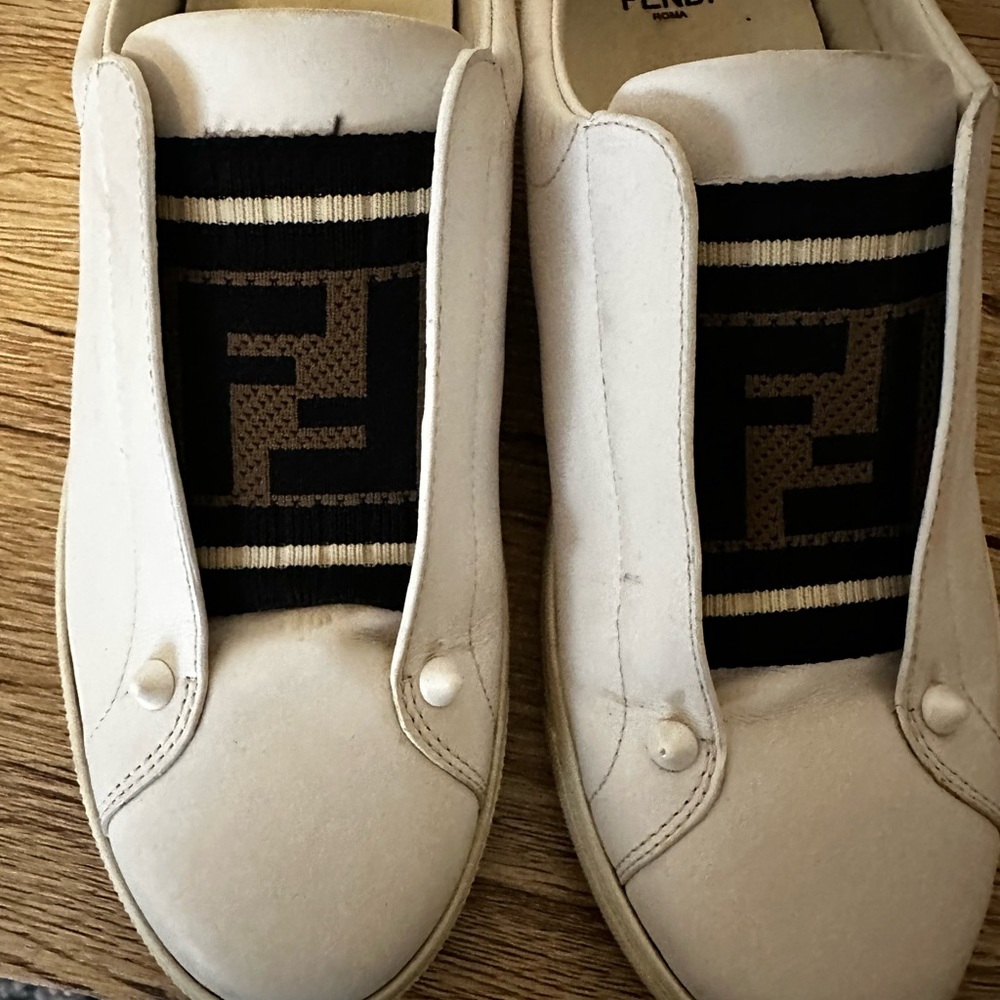 Fendi White Slip-On Sneakers with Black and Brown Logo